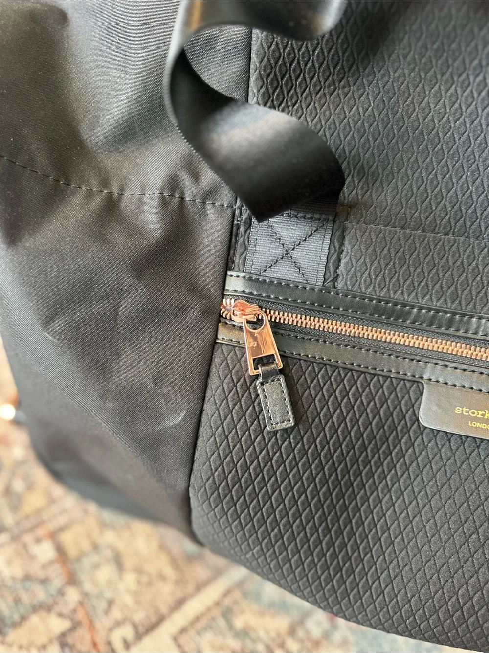 Storksak London Rolling Diaper Bag | Complete Set | Black & Rose Gold